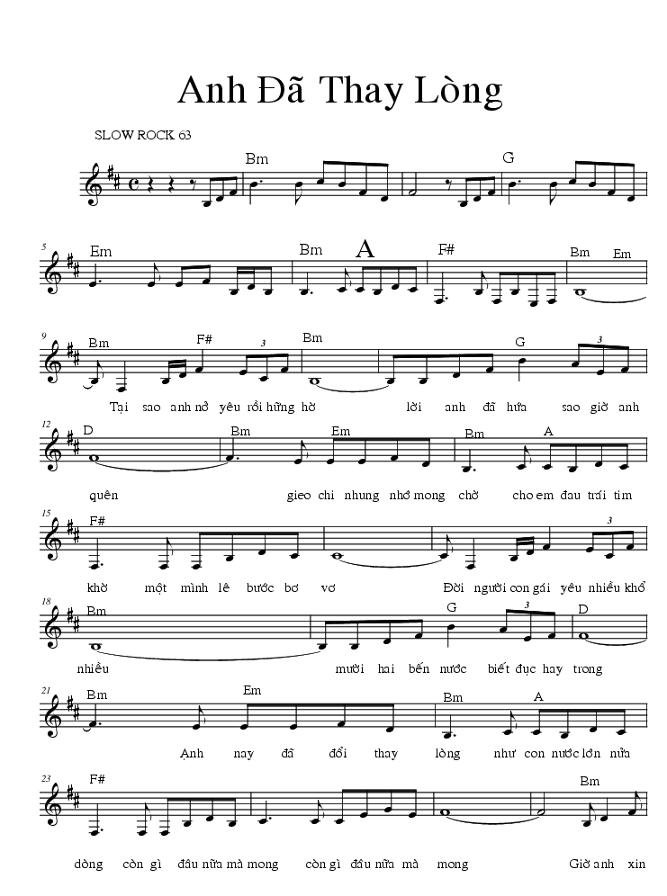 Sheet nhạc Anh Đã Thay Lòng